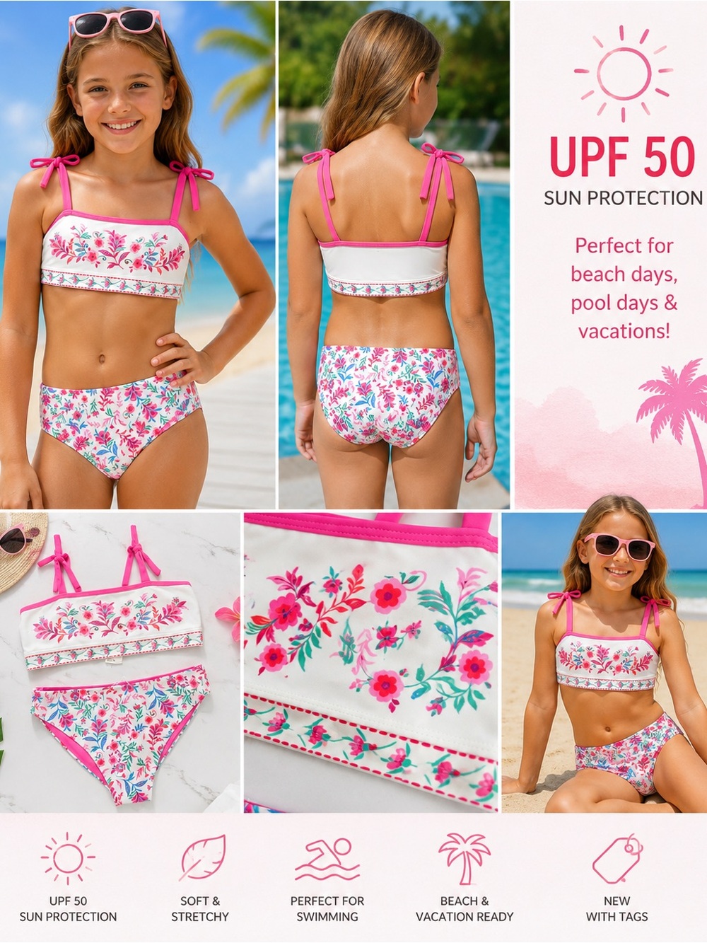 Feather 4 Arrow Girls Floral Bikini Swimsuit Size 10 NWT UPF 50 Pink White